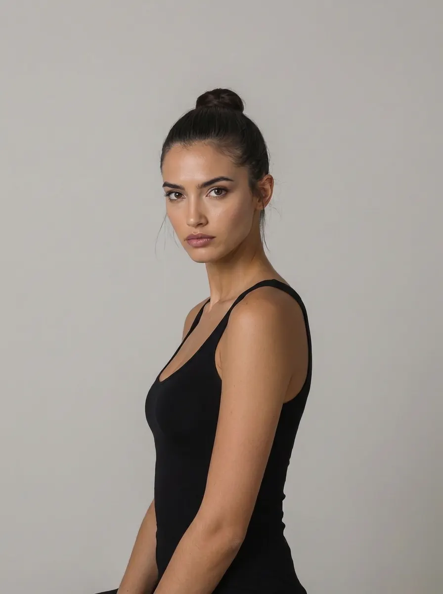 The same generated person, photographed for the Three-quarter shot